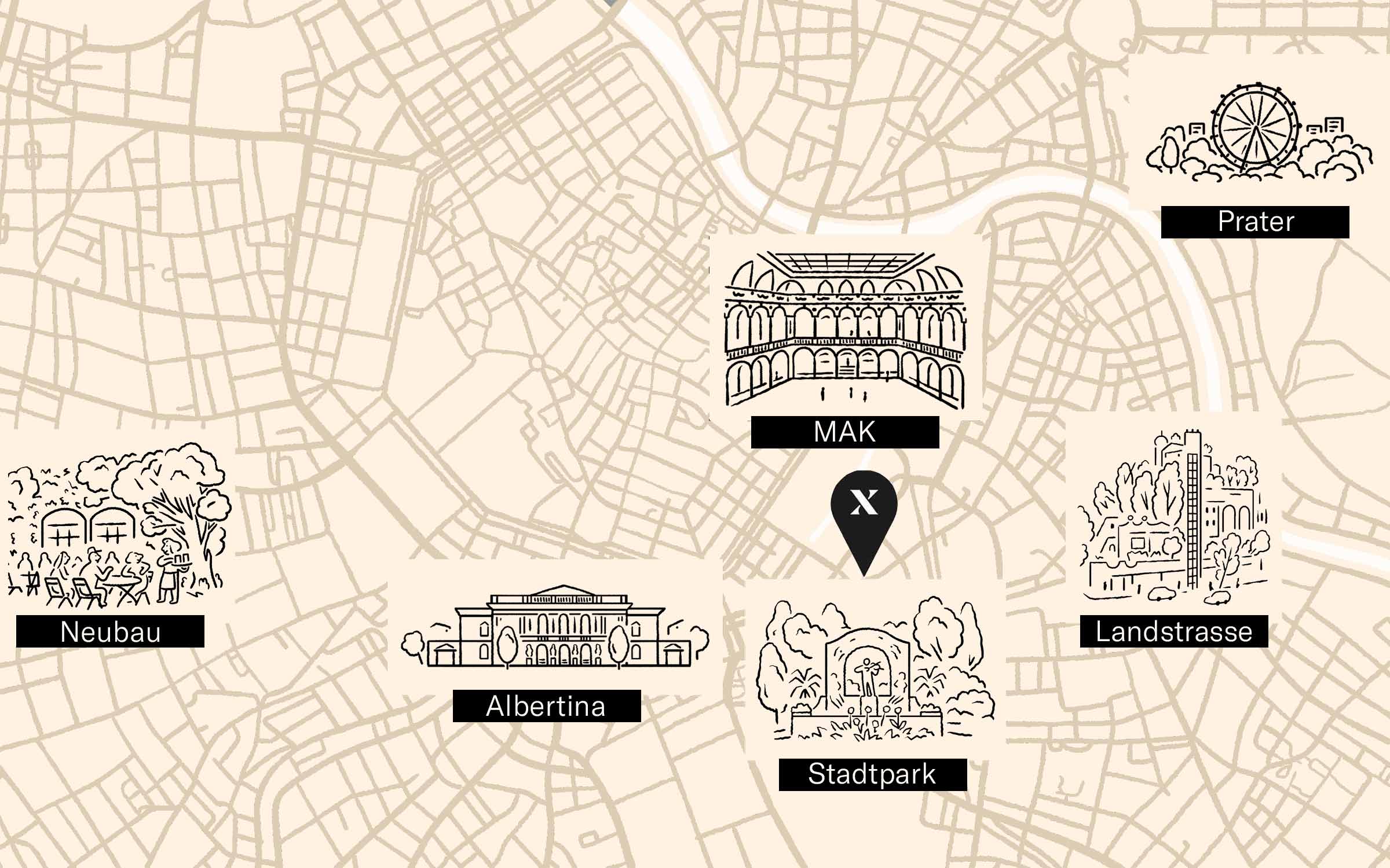 Line map of Vienna showing the location of the Hoxton and surrounding attractions